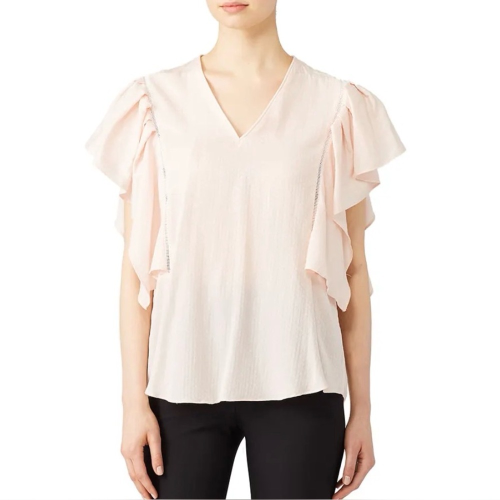 Hunter Bell Pink Silk Ava V-Neck Top Flutter Sleeves